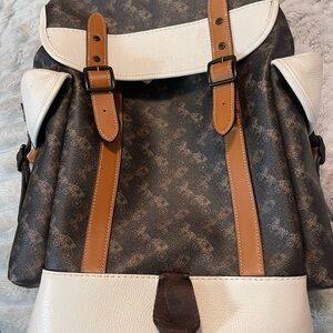 Coach Brown Monogram Canvas Backpack with White and Tan Trim